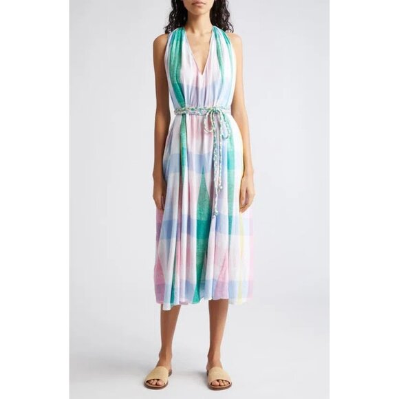 New Mille Marilyn Belted Sleeveless Cotton Midi Dress in Pastel Colors Plaid L - Picture 8 of 14